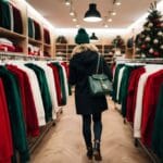 A customer browsing through racks of red green and white holiday clothing in a cozy Swedish store