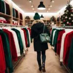 A customer browsing through racks of red green and white holiday clothing in a cozy Swedish store